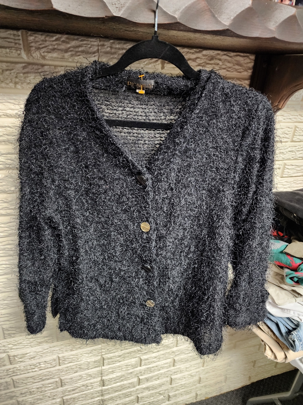 Vintage PICCADILLY brand Cozy Black Fuzzy Button-Up Women's Sweater